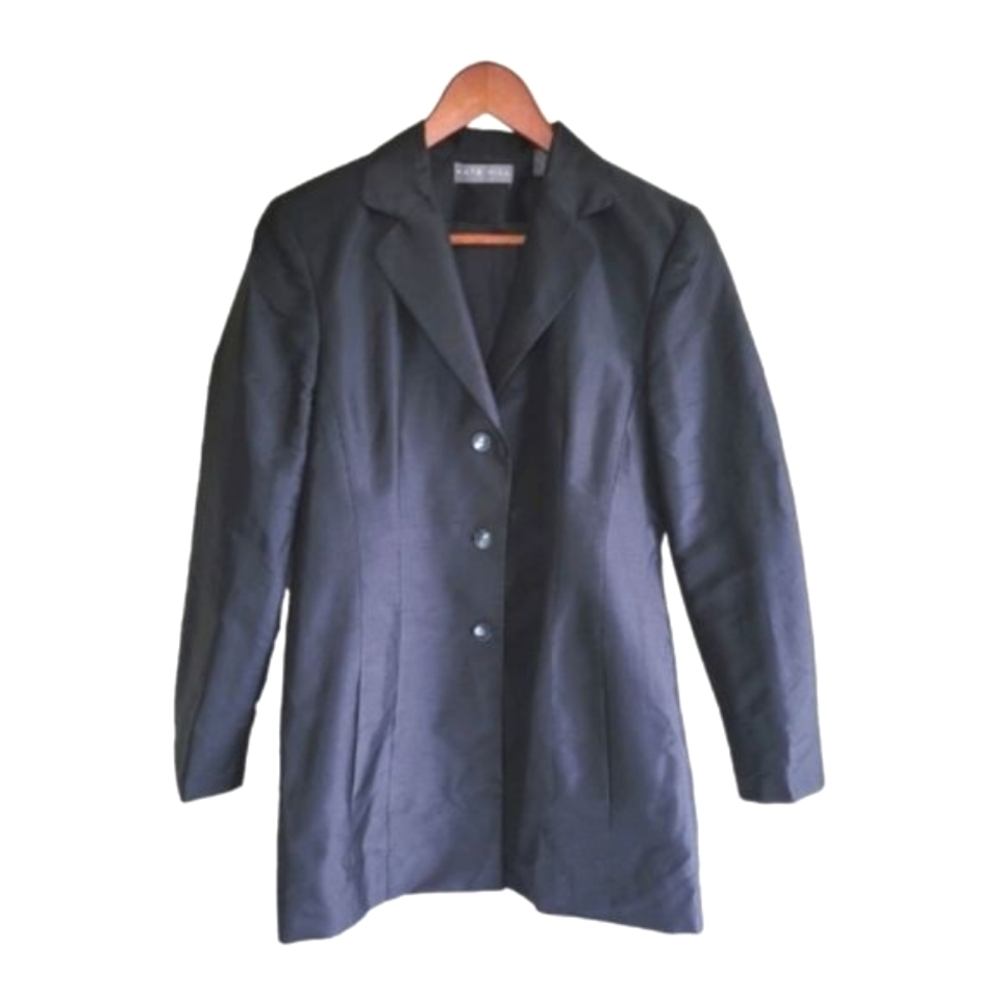 Kate Hill 100% Silk Button Down Lined Collared Long Jacket Women's Black